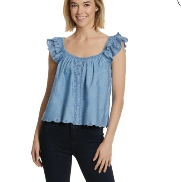 NWT Jessica Simpson Stretch Chambray Eyelet Ruffle Sleeve Violetta Top Size XL - Picture 13 of 16